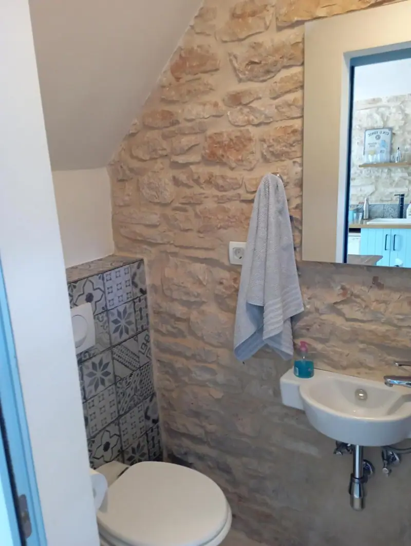 Duschbad mit WC und Waschbecken vor einer Natursteinwand