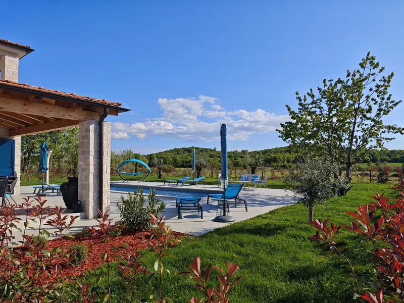 Garden with pool, sun loungers and olive trees in Istria
