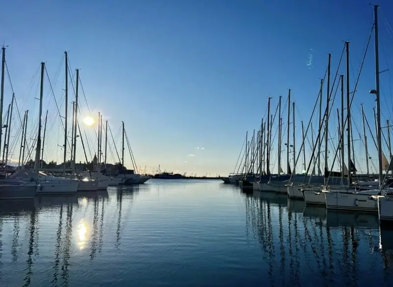 Sailing boats in the harbour against the light