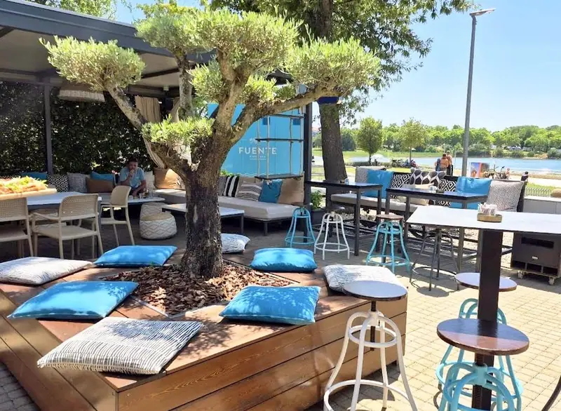 Beach bar with olive tree and floor cushions