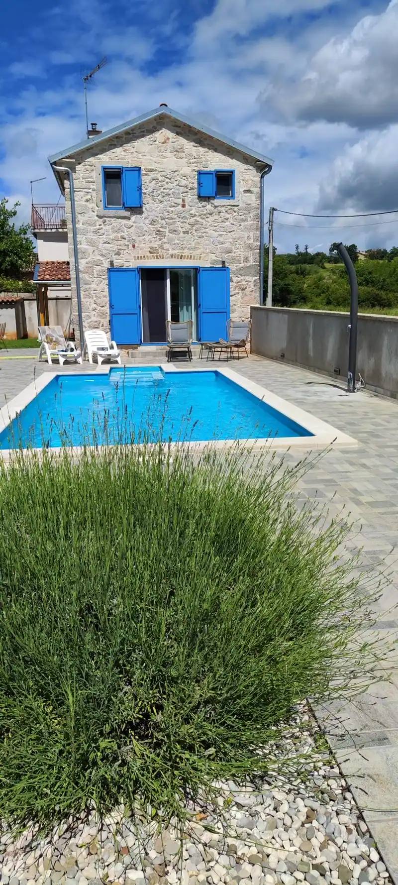 Pool in front of the stone house, lavender in the foreground