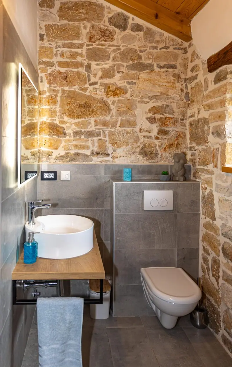 Bathroom with countertop washbasin in front of a natural stone wall