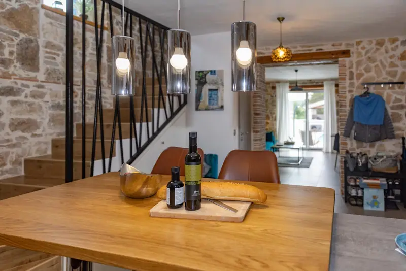 Dining counter with stairs to the upper floor