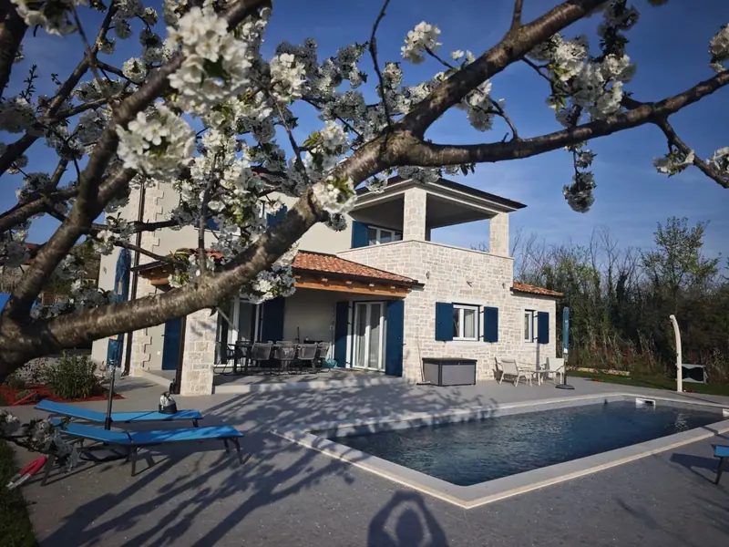 The house in spring, with blossoming cherry branches above the pool